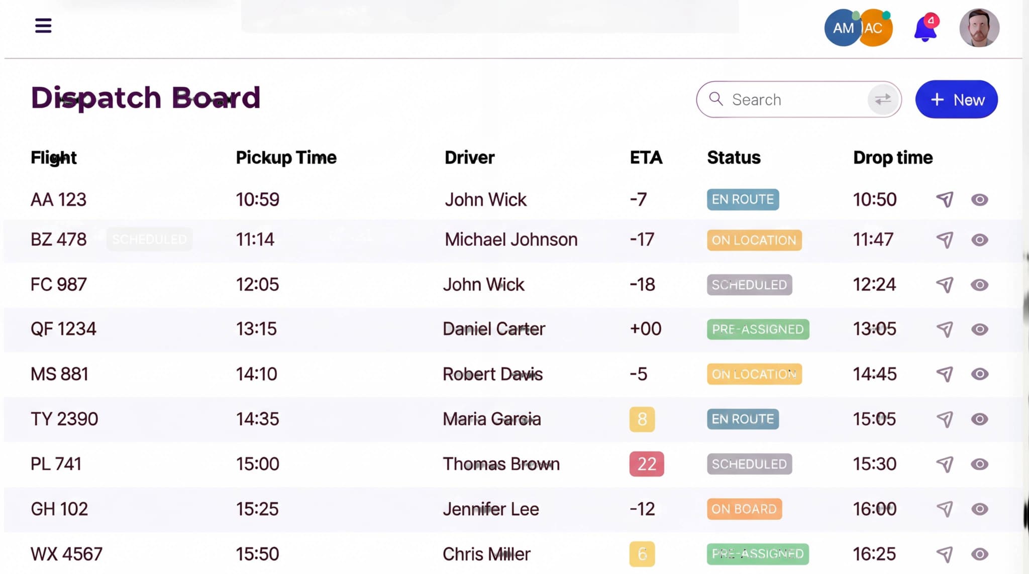 InstaDispatch main dashboard showing drag-and-drop board